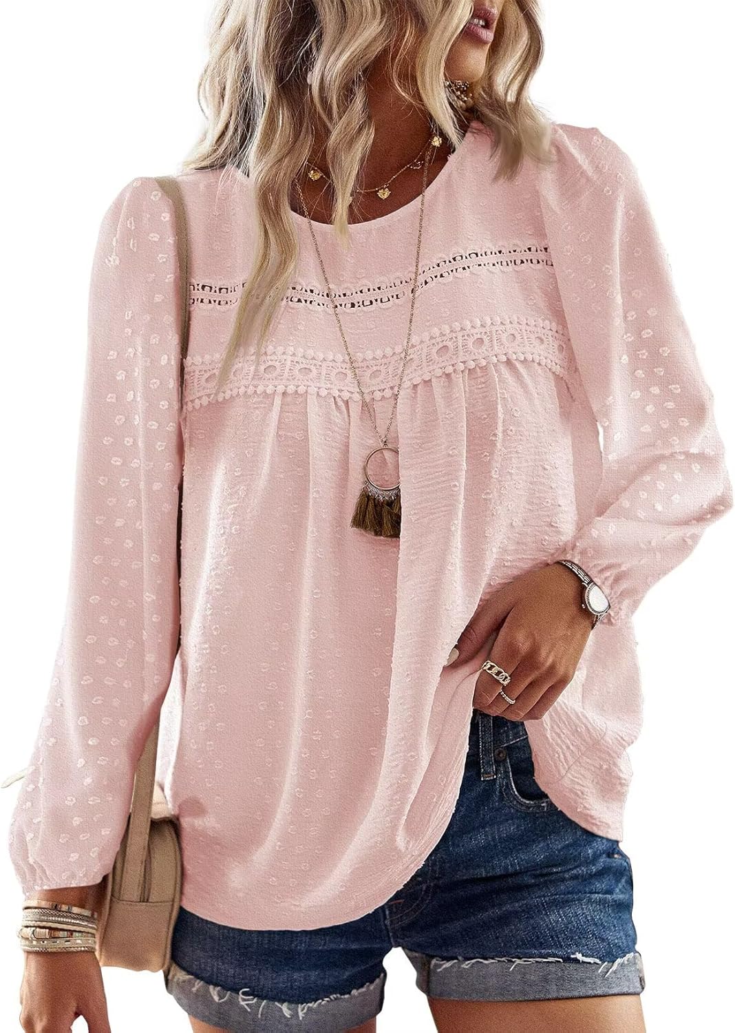 Womens Fall Tops Crewneck Long Sleeve Casual Chiffon Blouses