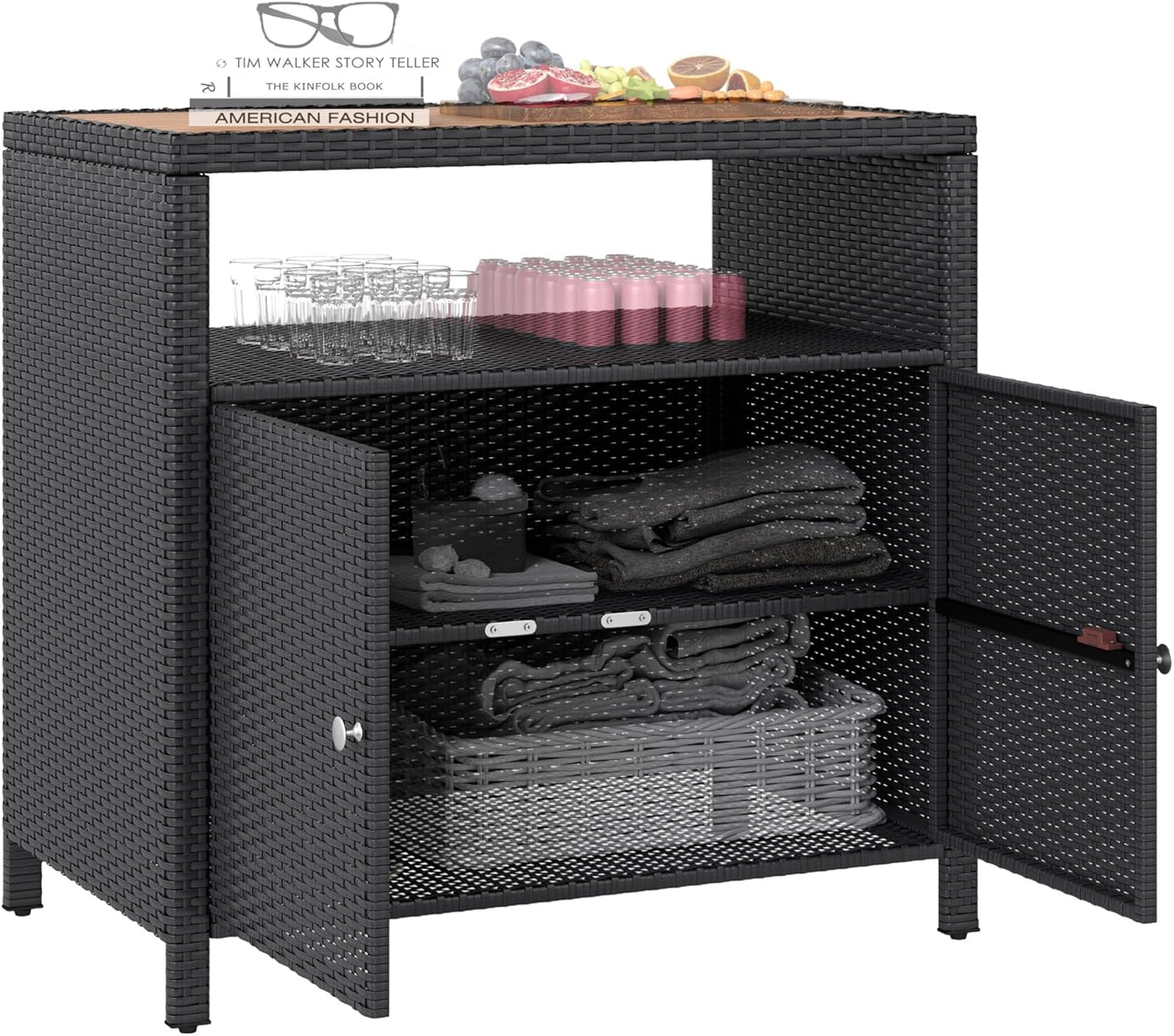 Wicker Outdoor Storage Cabinet with Acacia Wood Countertop