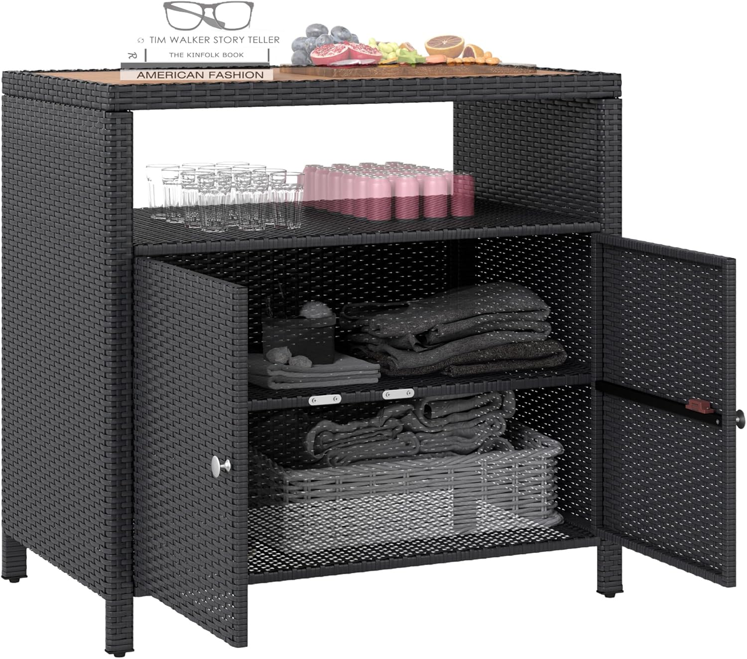 Wicker Outdoor Storage Cabinet with Acacia Wood Countertop