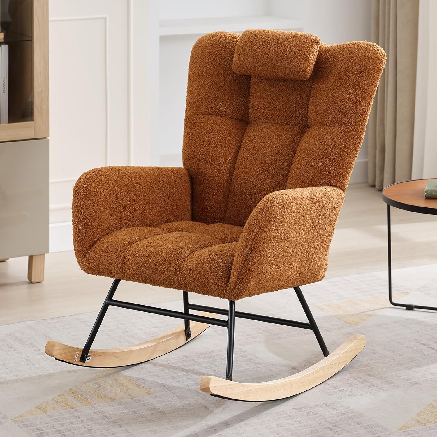 Nursery Rocking Chair with Wood Legs and Two Side Pockets