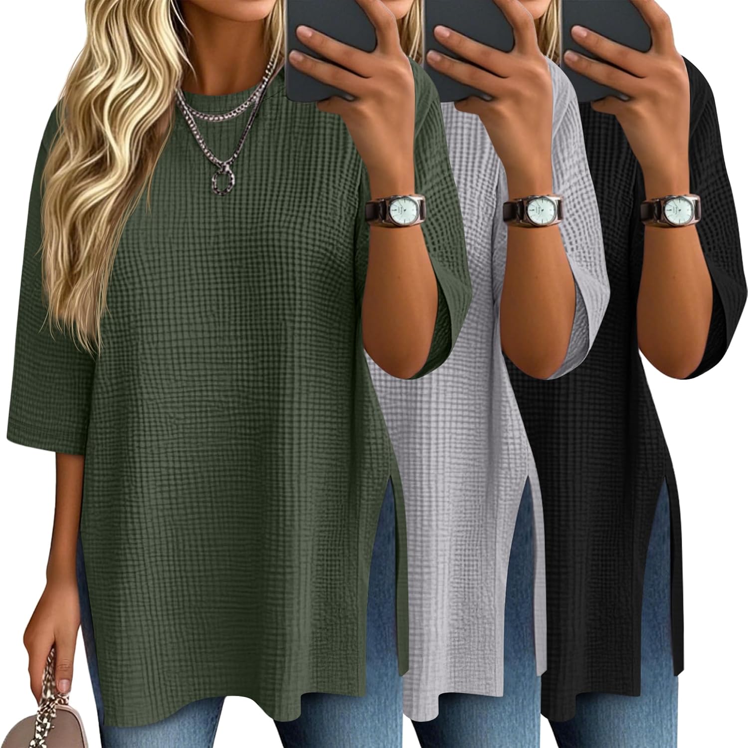 3 Pack Women's 3/4 Sleeve Waffle Knit Tops for Casual Wear