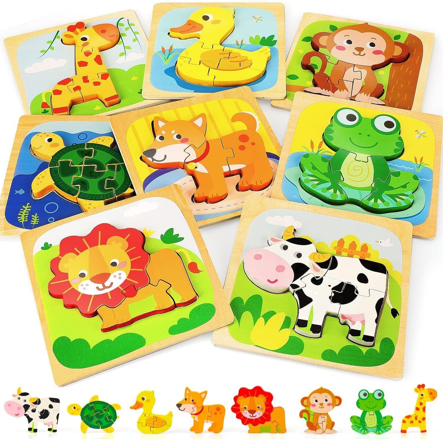 Wooden Animal Puzzles for Toddlers - Educational Gift for 1-4 Year Olds