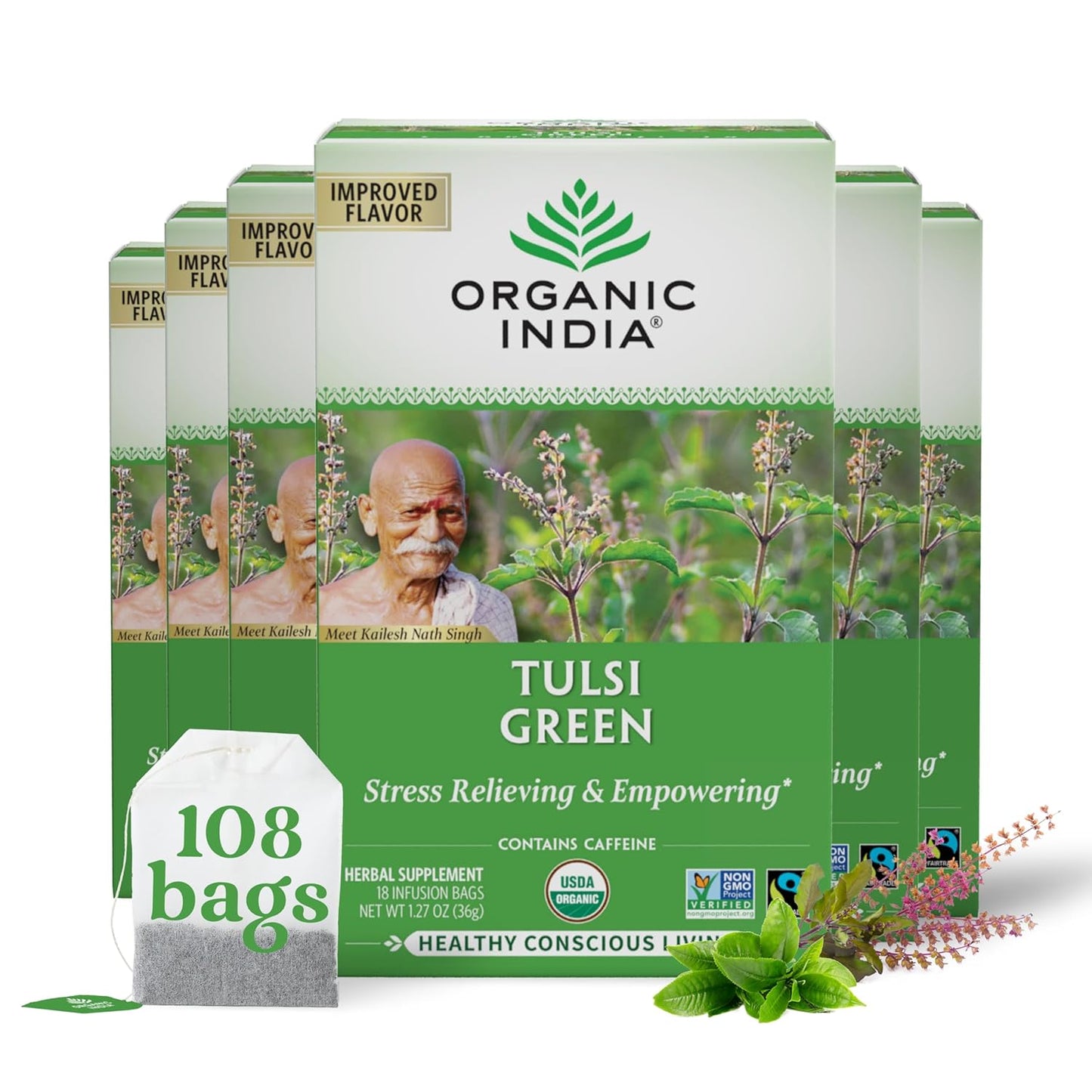 Organic India Tulsi Green Herbal Tea for Stress Relief & Balance