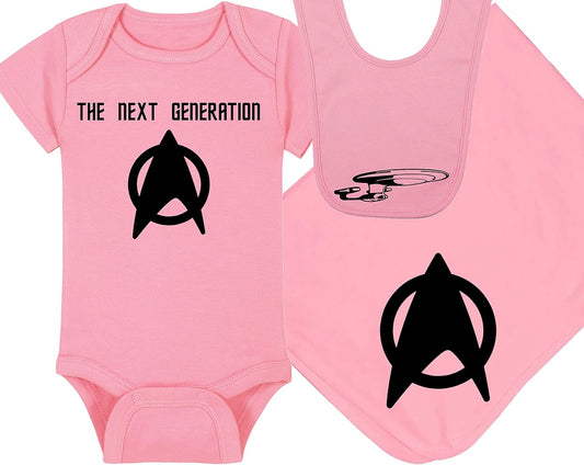 Trekkie Baby Onesie, Hat, Blanket, and Bib Package for Infants