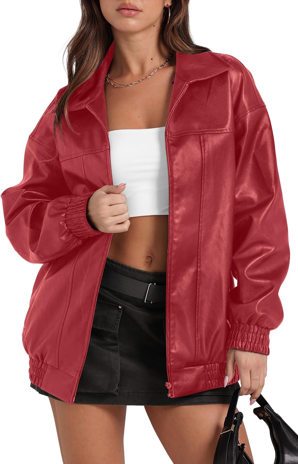 Oversized Faux Leather Motorcycle Jacket for Women Fashion