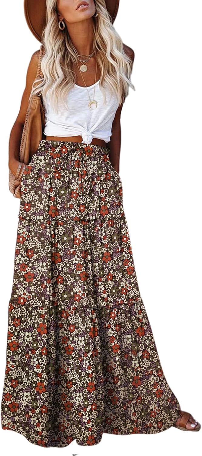 EARKOHA Womens Casual High Waist Tie Maxi Skirt with Pockets