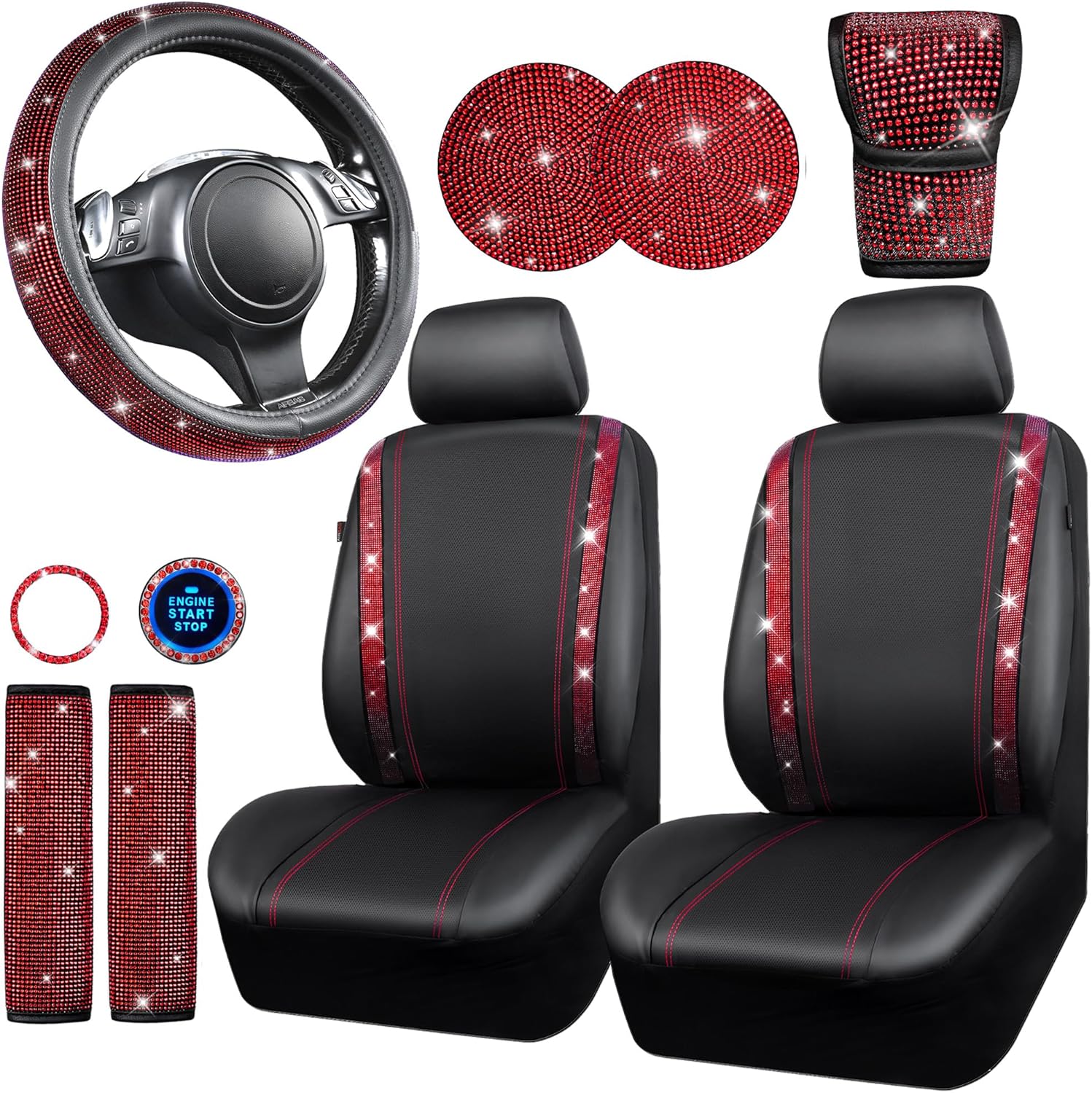CAR PASS Leather Red Diamond Seat Cover Set for Women, 11pcs