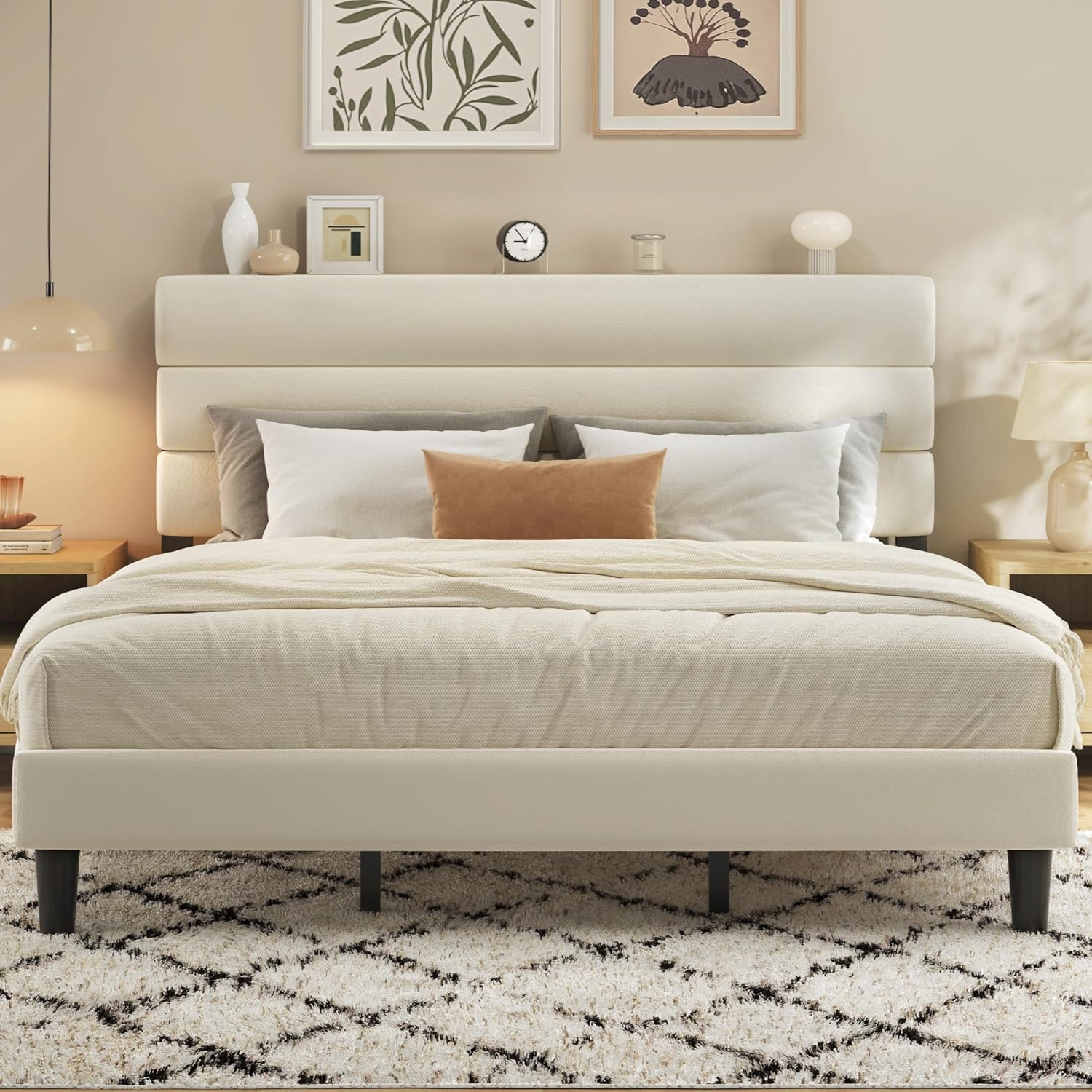 King Size Bed Frame with Velvet Upholstered Headboard for Comfort