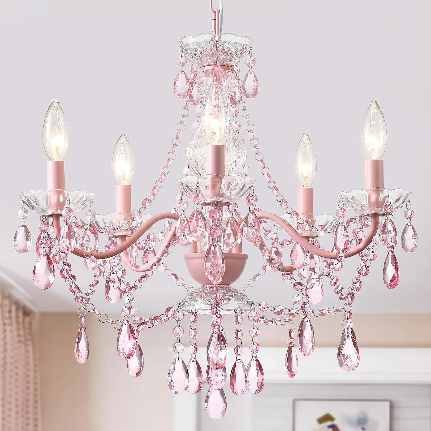 Modern Pink Crystal Chandelier for Girls Room and Dining Spaces