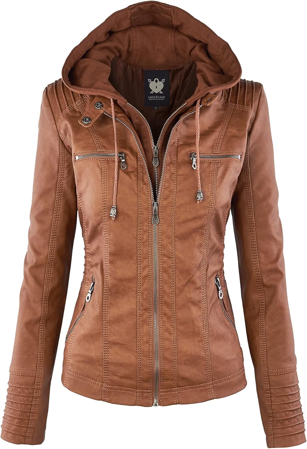 Stylish Faux Leather Moto Biker Jacket with Removable Hood
