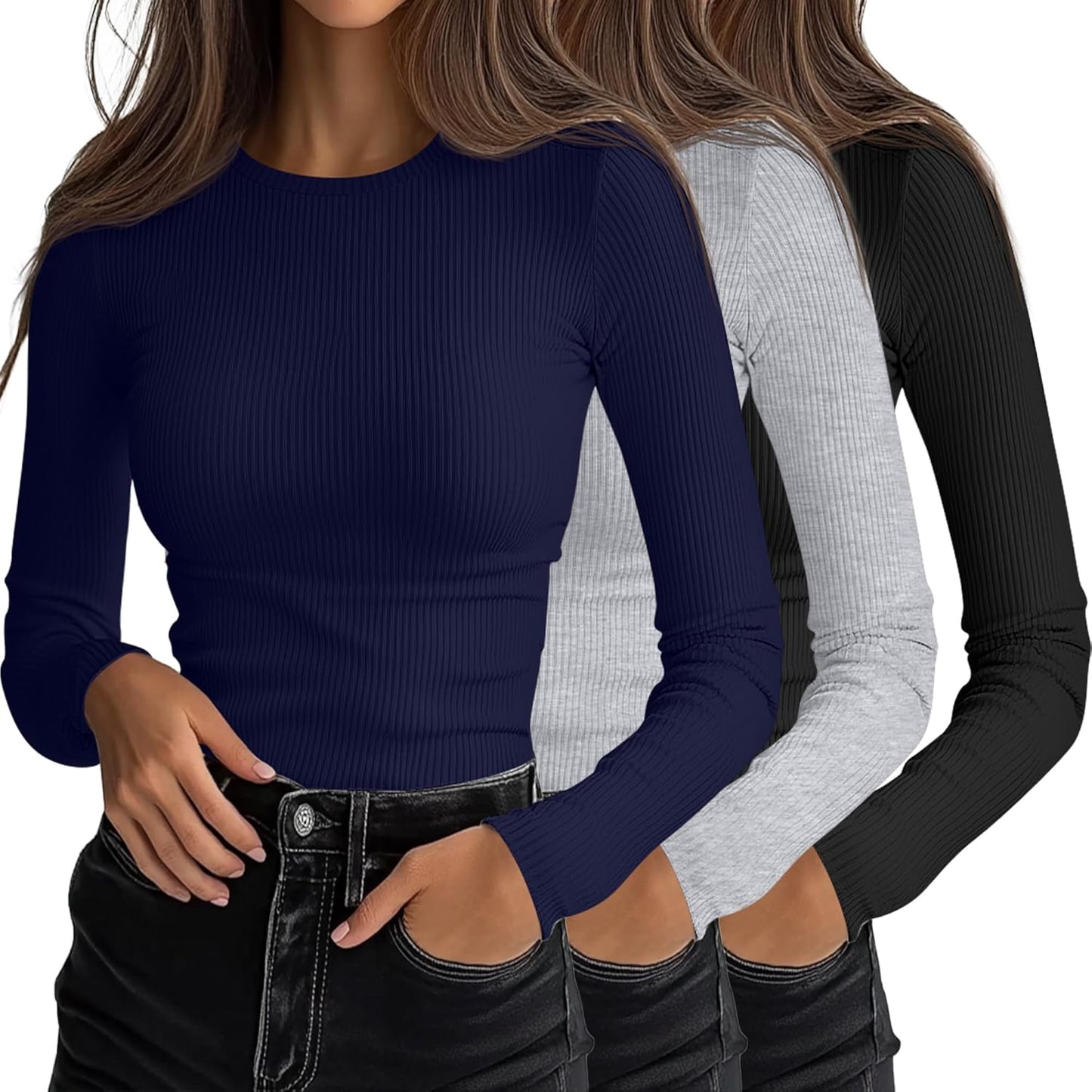 Ficerd Women's Ribbed Long Sleeve Tops for Casual Layering