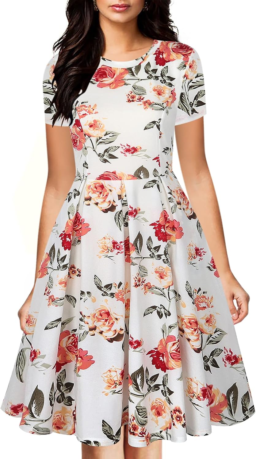 Oxiuly Women's Vintage Half Sleeve O-Neck Swing Dress with Pockets