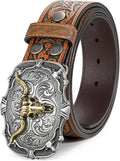 Western Leather Buckle Belt for Men - Embossed Cowboy Style, Removable