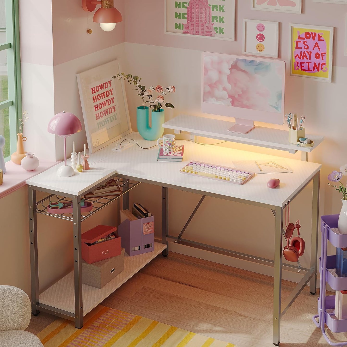 Bestier L-Shaped Gaming Desk: Power Outlets, LED Lights, Storage, Hooks