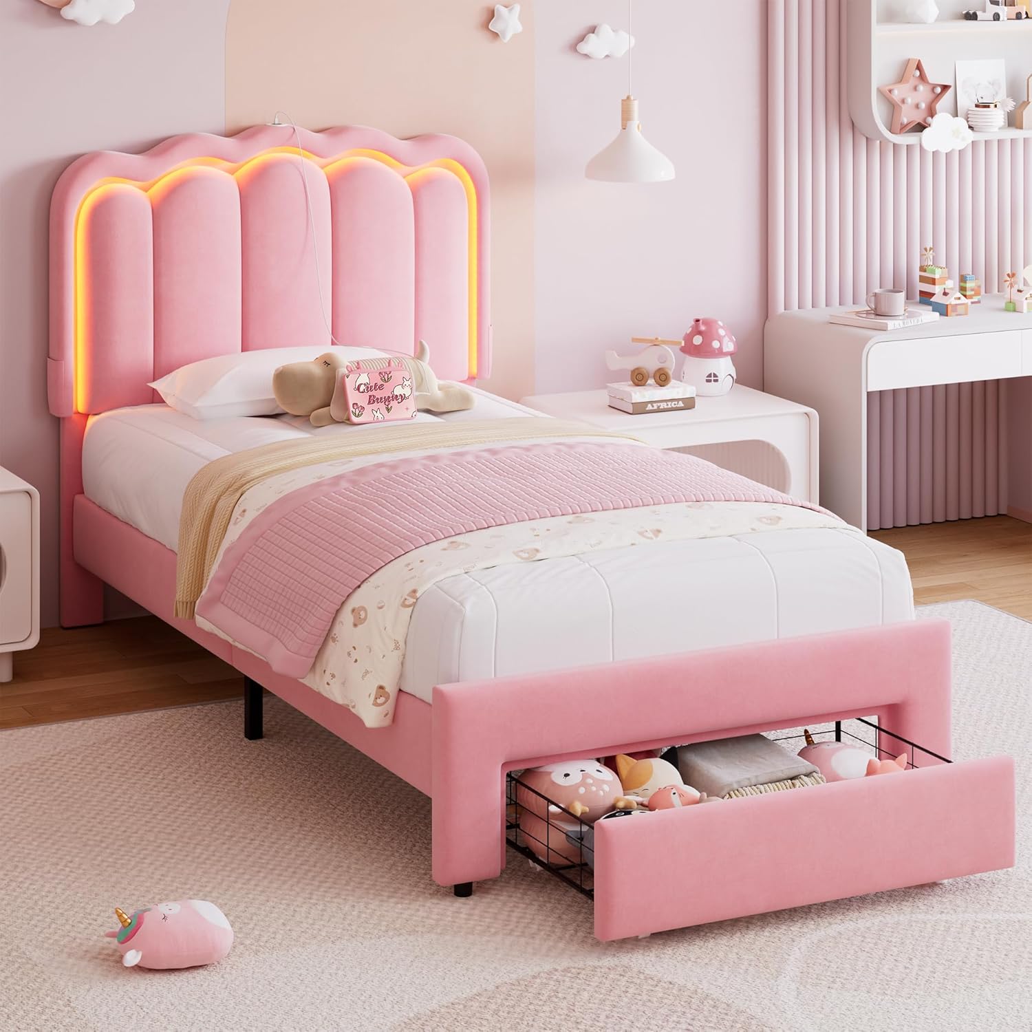 Twin Upholstered LED Bed Frame with Storage Drawer for Kids