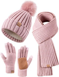 Womens Winter Beanie Scarf Gloves 3-in-1 Set - Plush Fleece Lined
