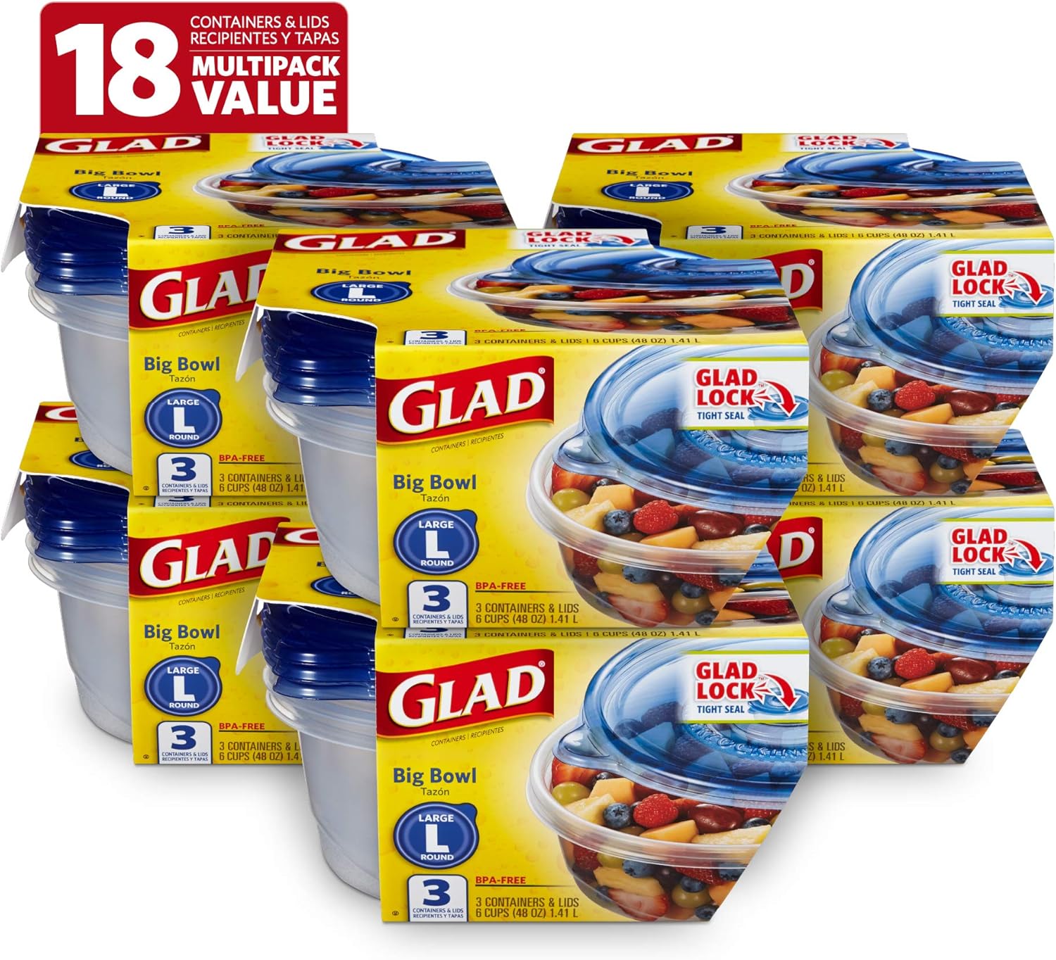 Glad Big Bowl Food Storage Containers - 48 Oz, 3 Count Value Pack