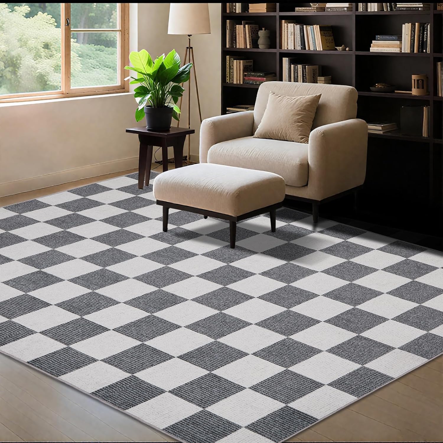 Checkered Rug 5x7 Washable Soft Low-Pile Boho Rug for Home