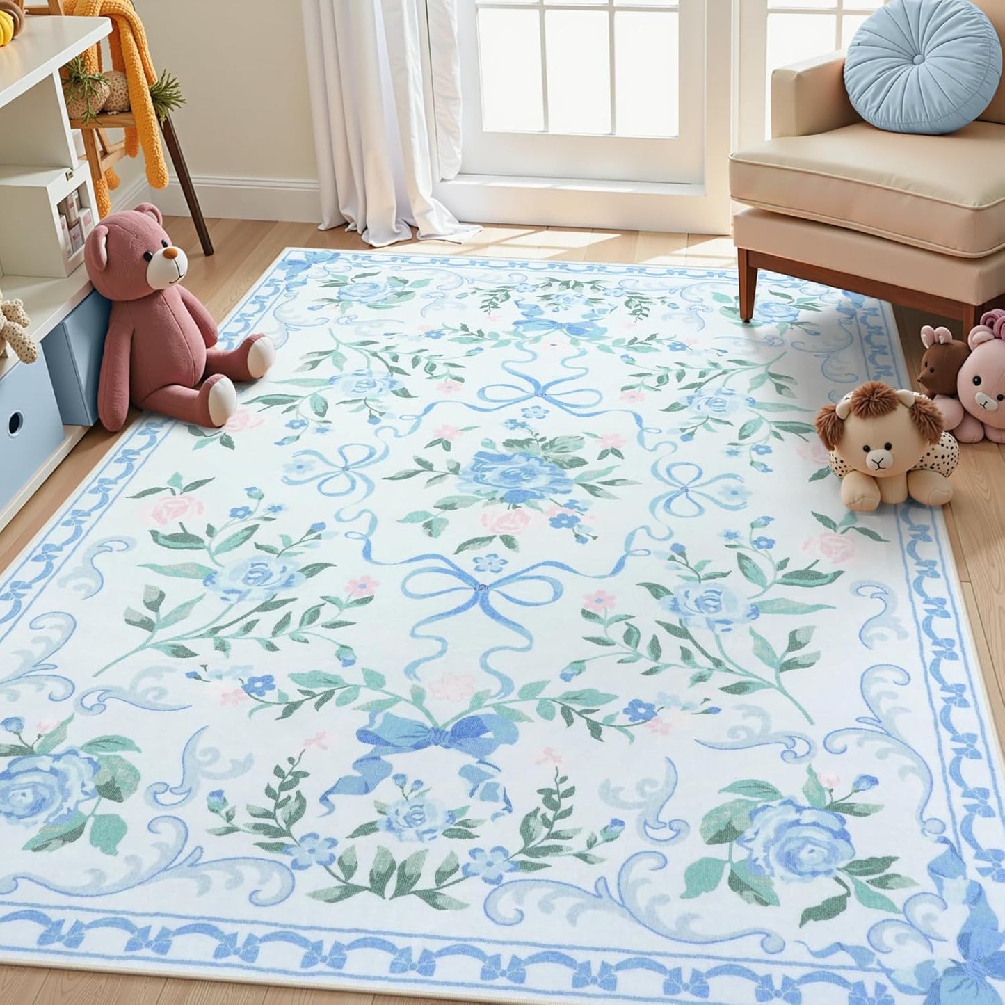Collive Blue Floral Rugs for Girls - 5x7 Washable Area Rug