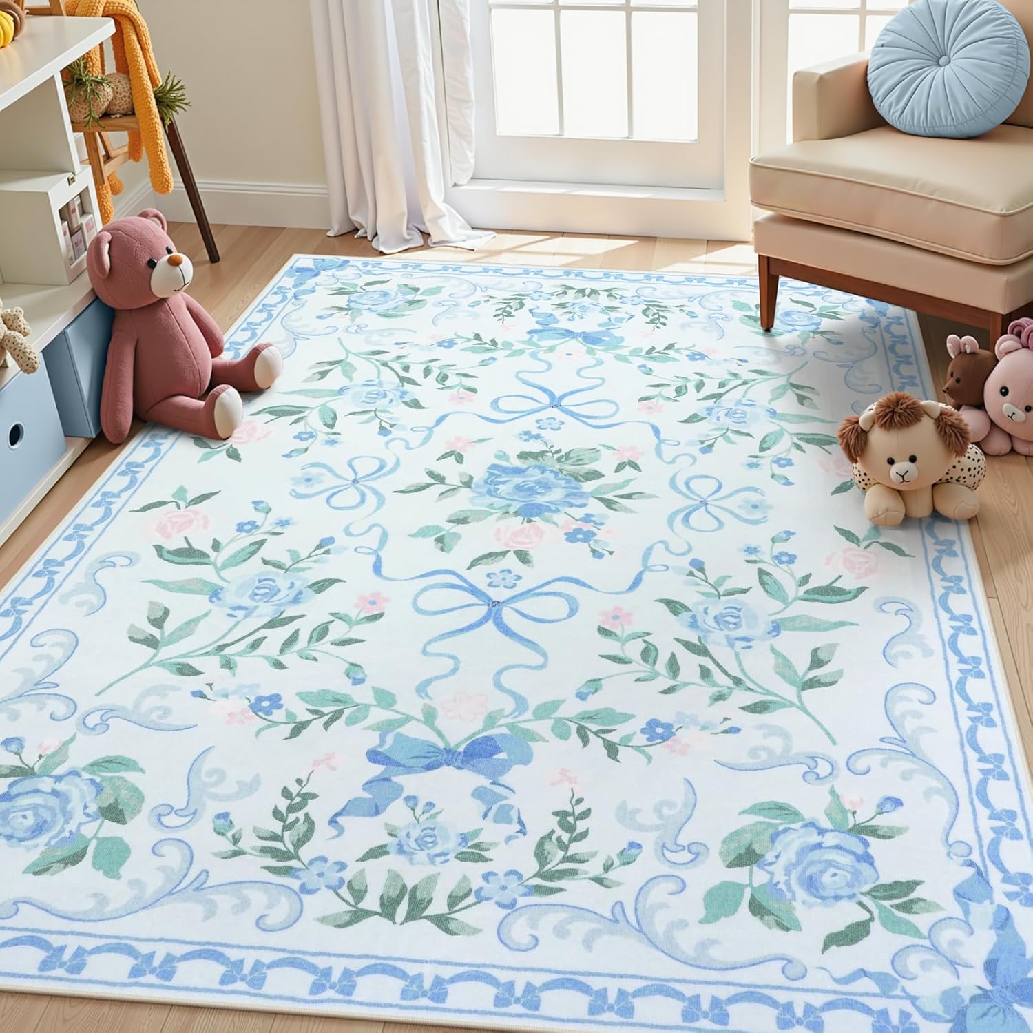 Collive Blue Floral Rugs for Girls - 5x7 Washable Area Rug