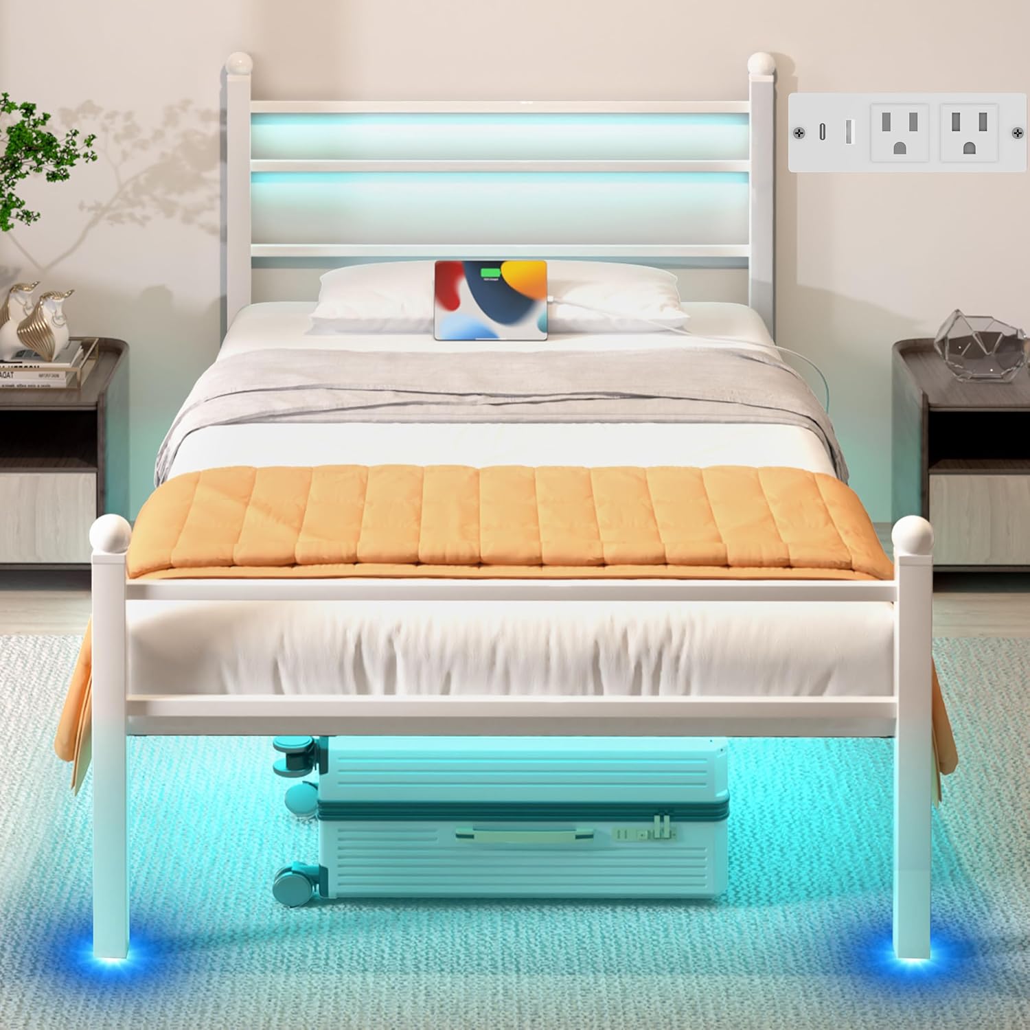 Twin Bed Frame with LED Lights & Charging Station for Comfort