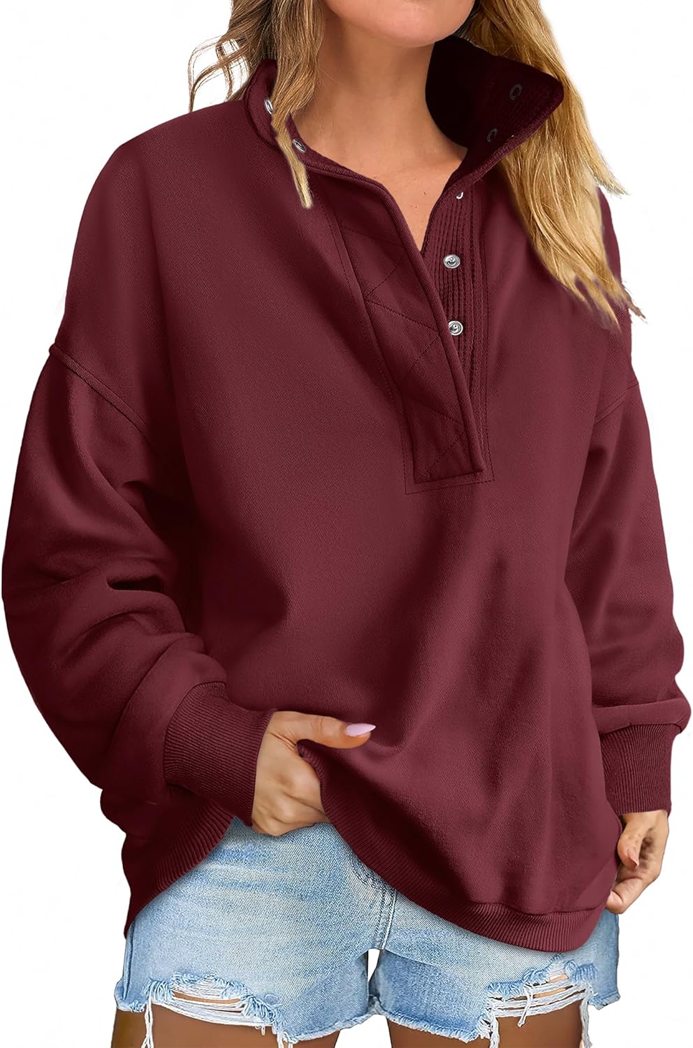 Oversized Sweatshirt for Women - Casual Henley Pullover Tops