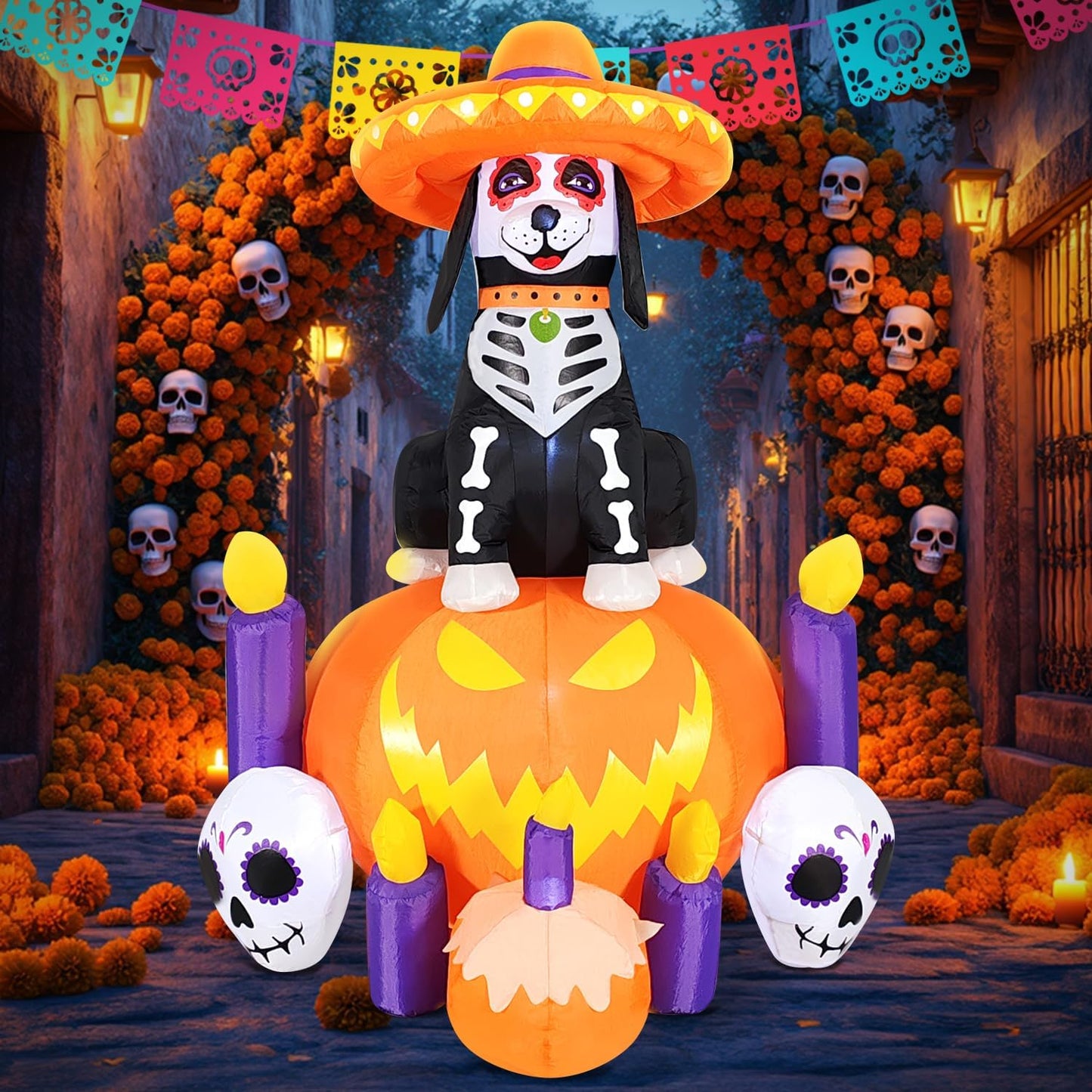 Dia de Los Muertos 6FT Inflatable Catrina Dog with Pumpkin