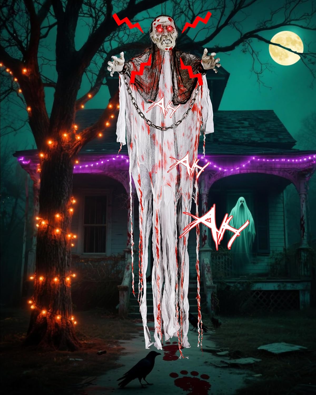 Life-Size Hanging Ghost Animatronic for Halloween Horror Decor