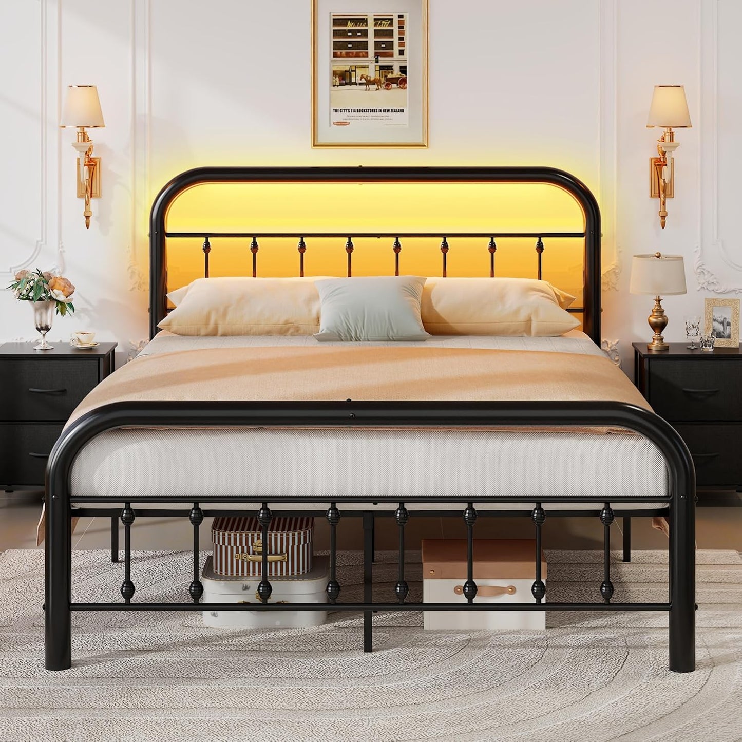 WLIVE Queen Bed Frame with LED Lights and Charging Station