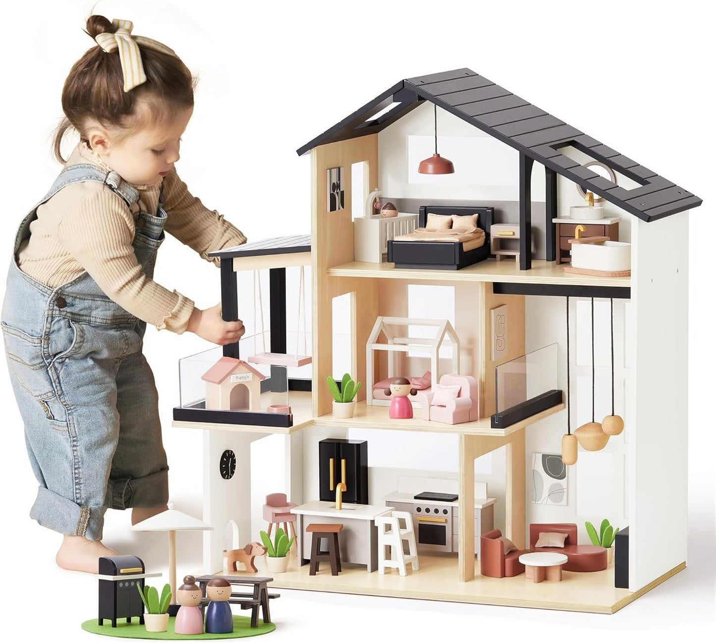 Tiny Land Modern Family Dollhouse with 53Pcs Furniture for Kids