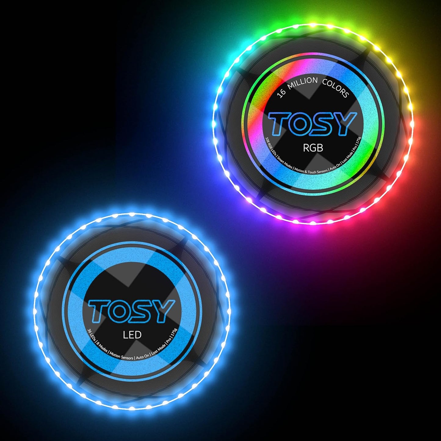 TOSY LED Flying Disc Bundle - Glow in RGB Black + Blue
