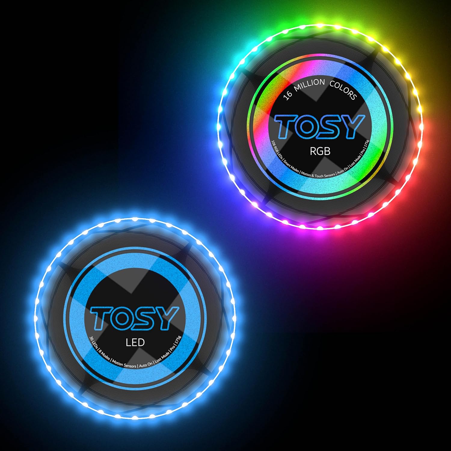 TOSY LED Flying Disc Bundle - Glow in RGB Black + Blue