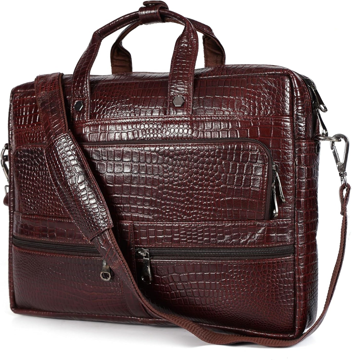 Crocodile Embossed Leather Bag for Men with 5 Zipper Pockets