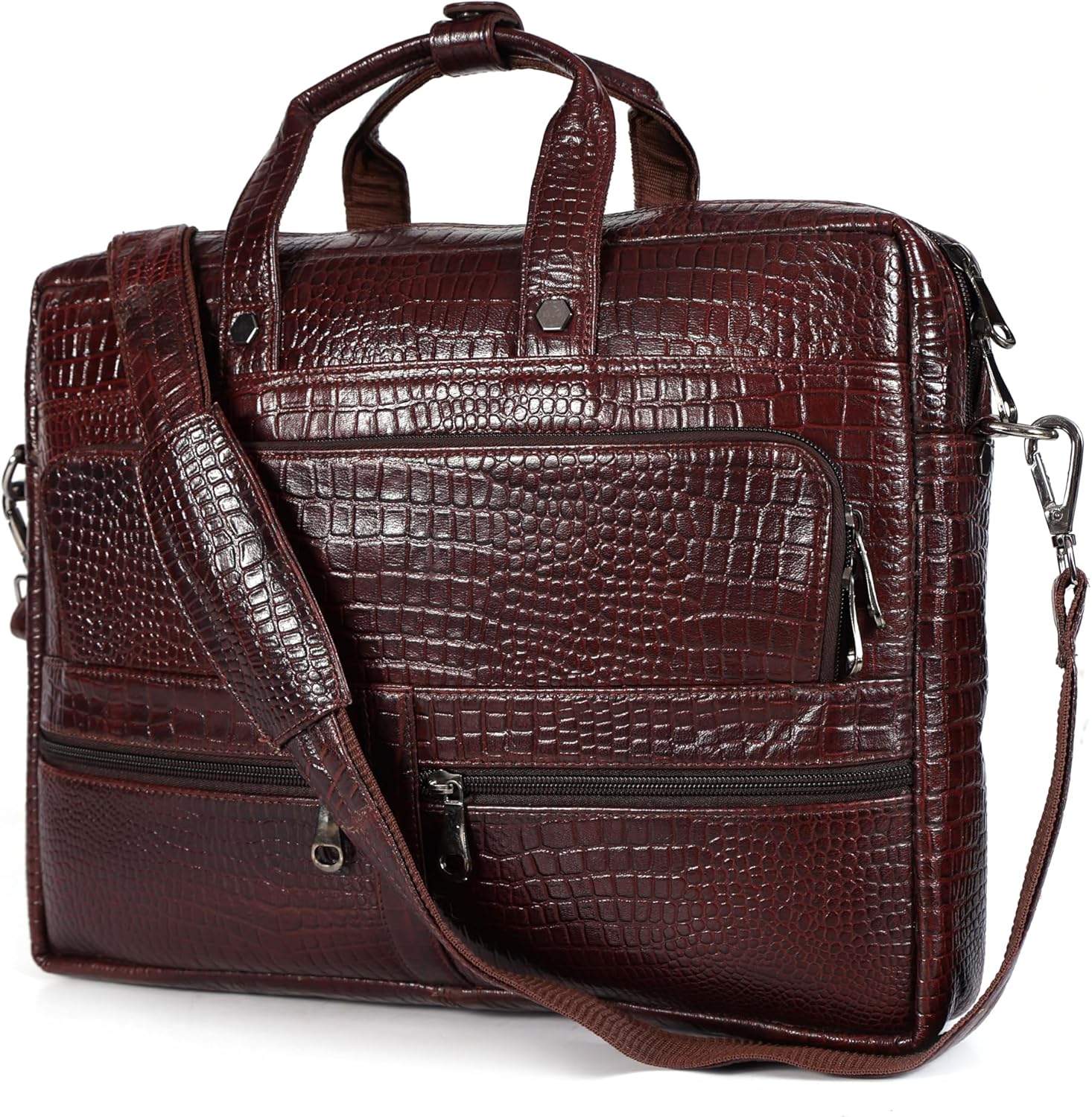 Crocodile Embossed Leather Bag for Men with 5 Zipper Pockets
