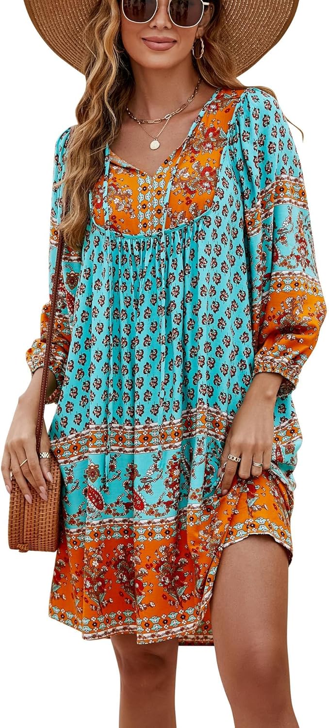 Bluetime Women Casual Summer Dress Boho V Neck Floral Print