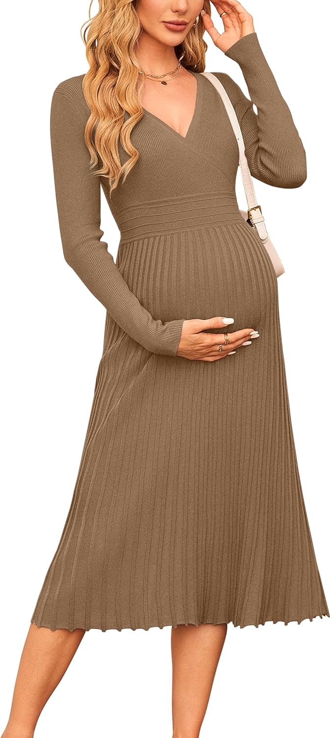 OUGES Women's Fall Maternity Midi Dress for Stylish Comfort