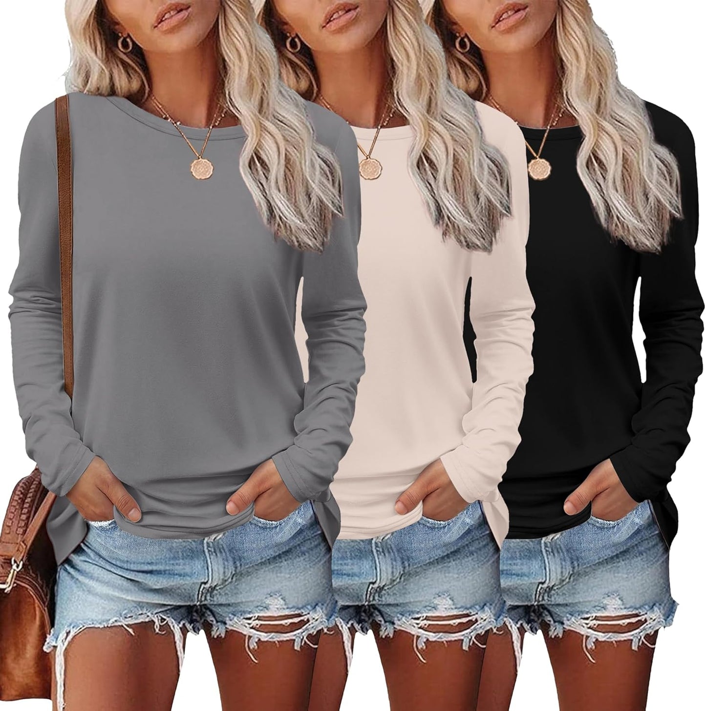 Ekouaer Womens Long Sleeve Shirts 3 Pack Crew Neck Thermal Tops