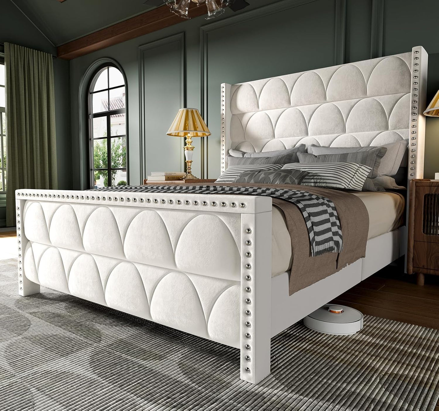 Queen Size Velvet Upholstered Bed Frame with Wingback Design