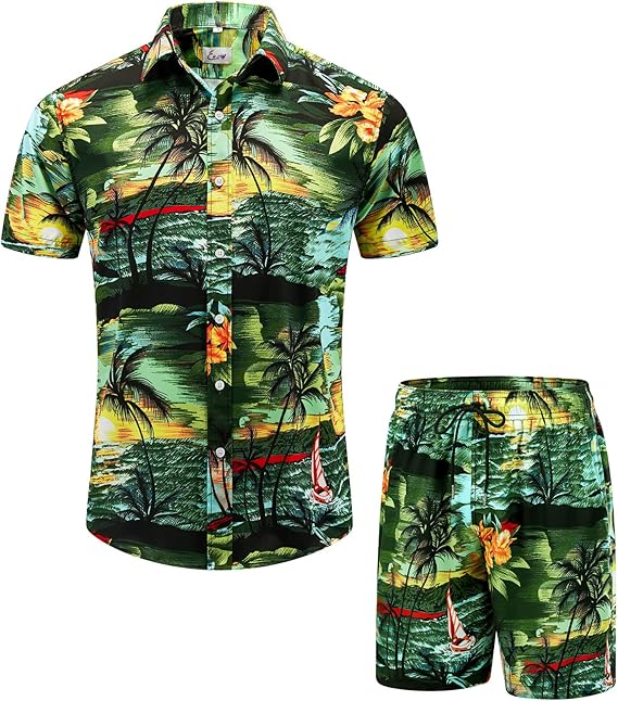 EUOW Men's Hawaiian Shirts and Shorts Set for Beach Vacations