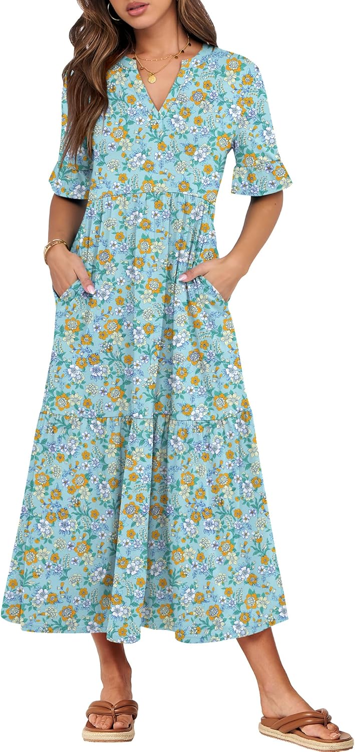 ANRABESS Women's Casual Summer Ruffle Short Sleeve Maxi Dress