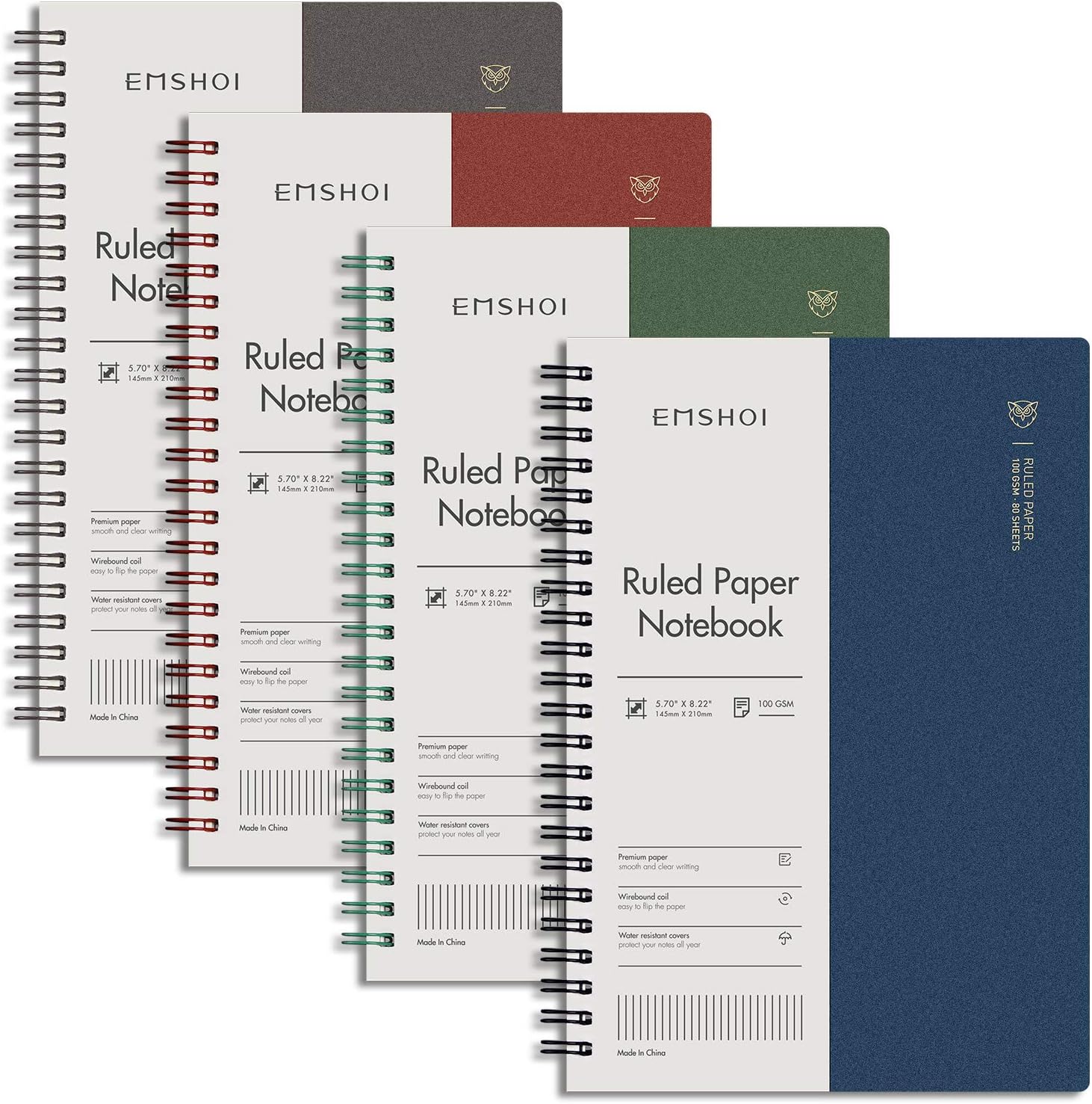EMSHOI 4-Pack A5 Spiral Notebooks - 640 Pages Thick Paper