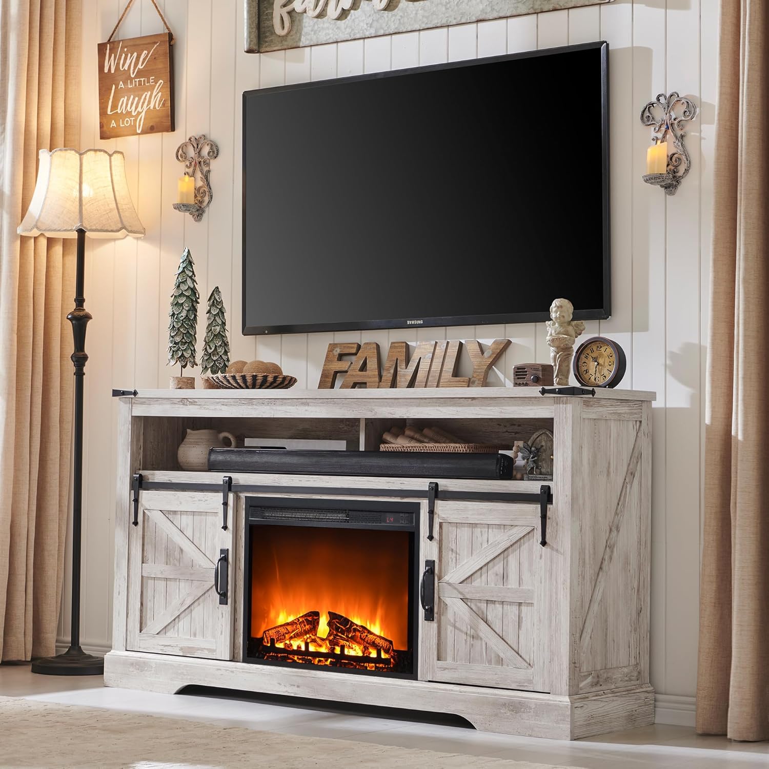 Rustic Highboy TV Stand with Electric Fireplace - Antique White