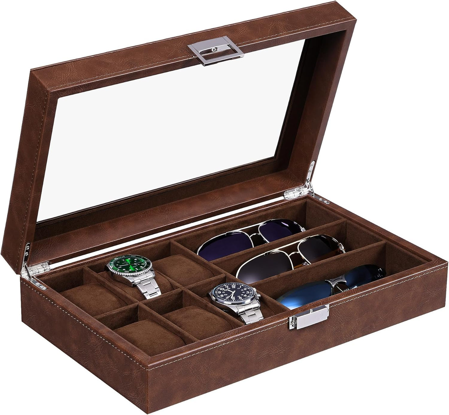 BEWISHOME 6 Watch & 3 Sunglass Organizer - Real Glass Top!