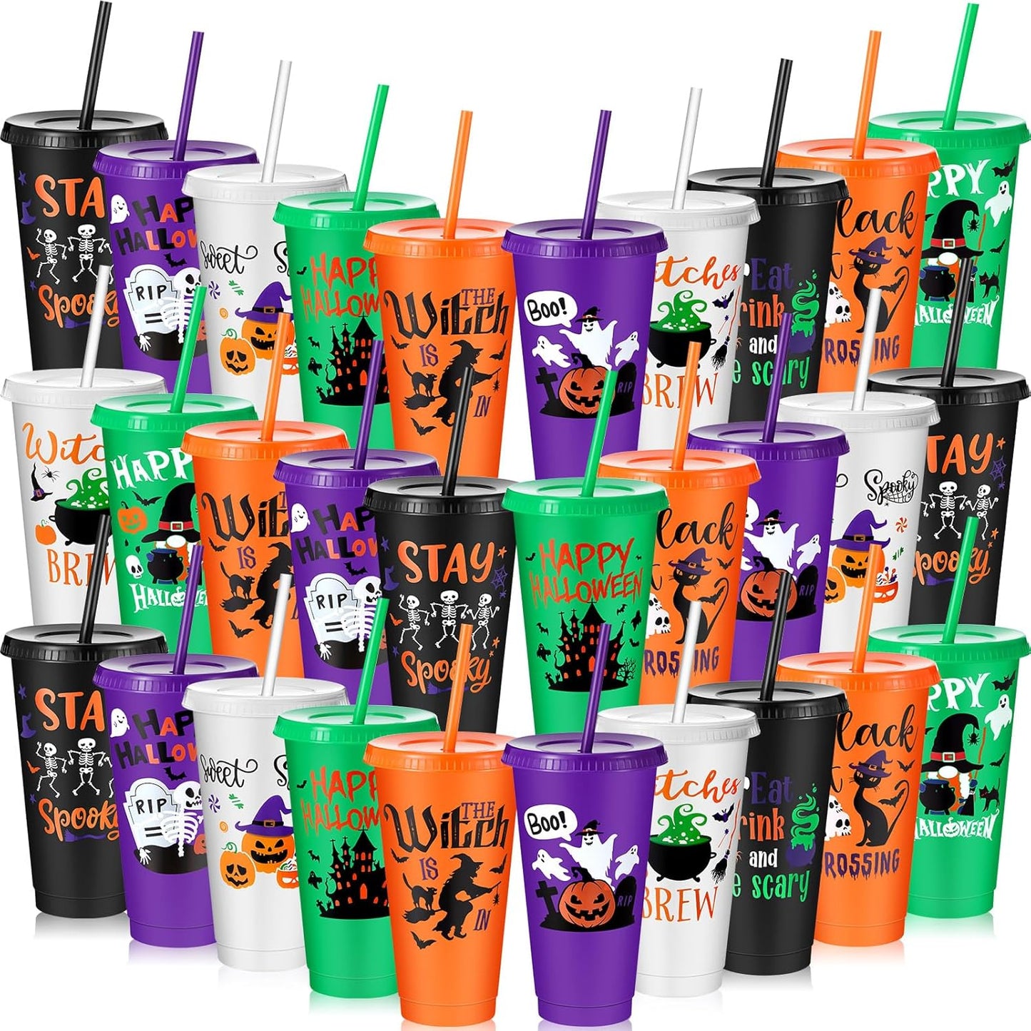 30 Pack Halloween Plastic Tumblers with Lids and Straws for Parties