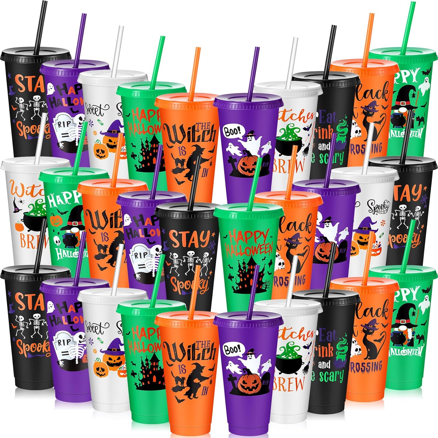 30 Pack Halloween Plastic Tumblers with Lids and Straws for Parties