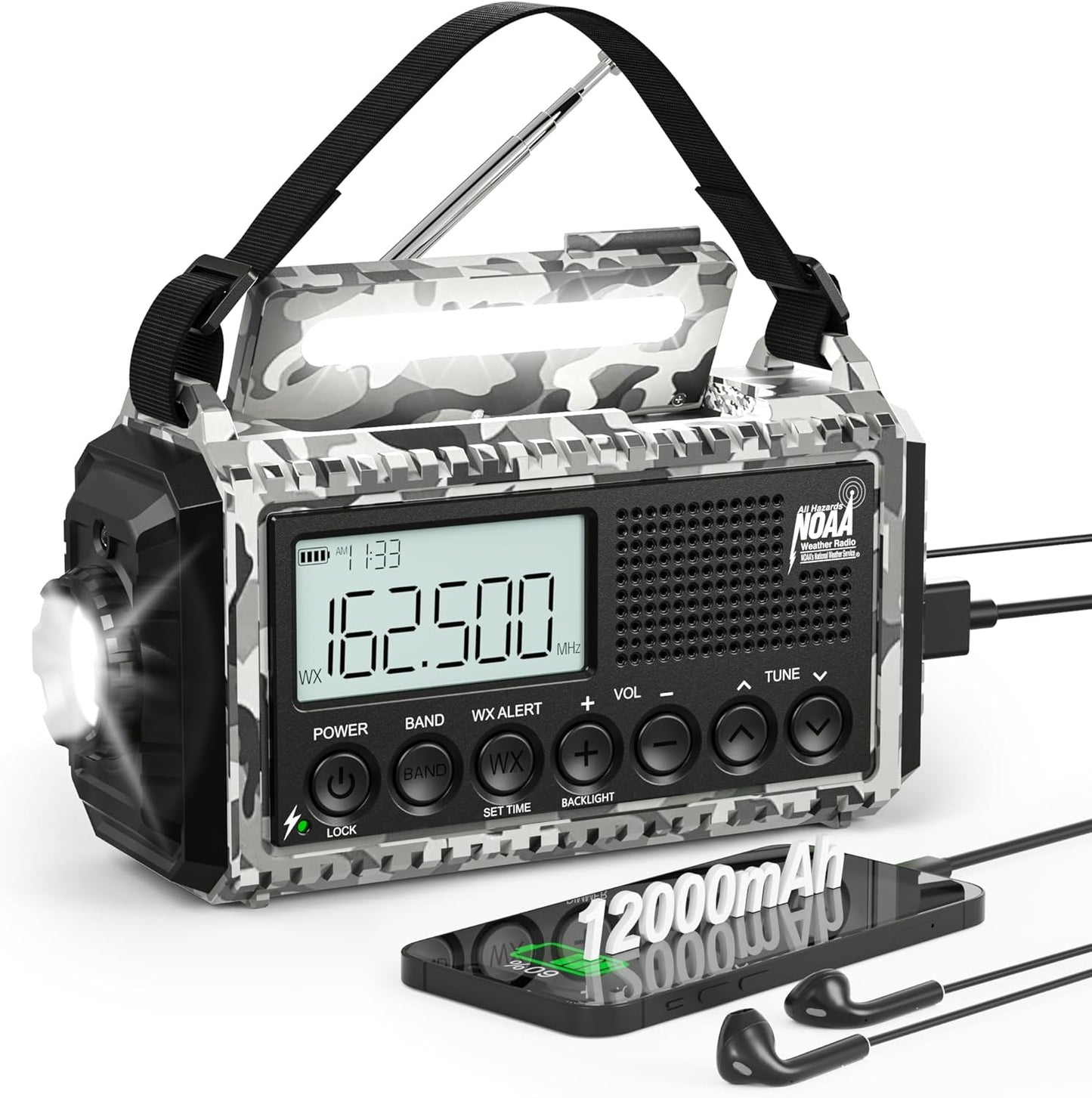 Emergency Radio 12000mAh with NOAA Alert for Outdoor Survival