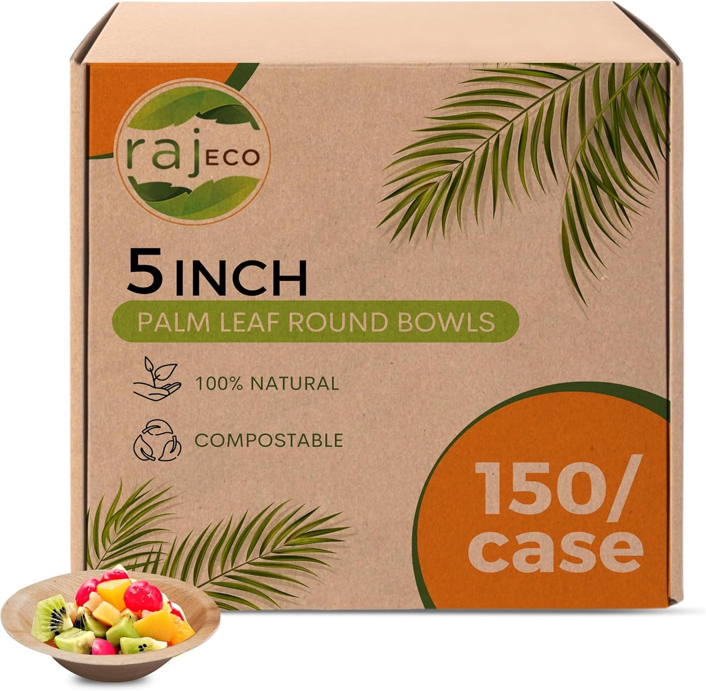 Raj Palm Leaf Bulk Bowls - 150 Pack of 5in Round Bowls