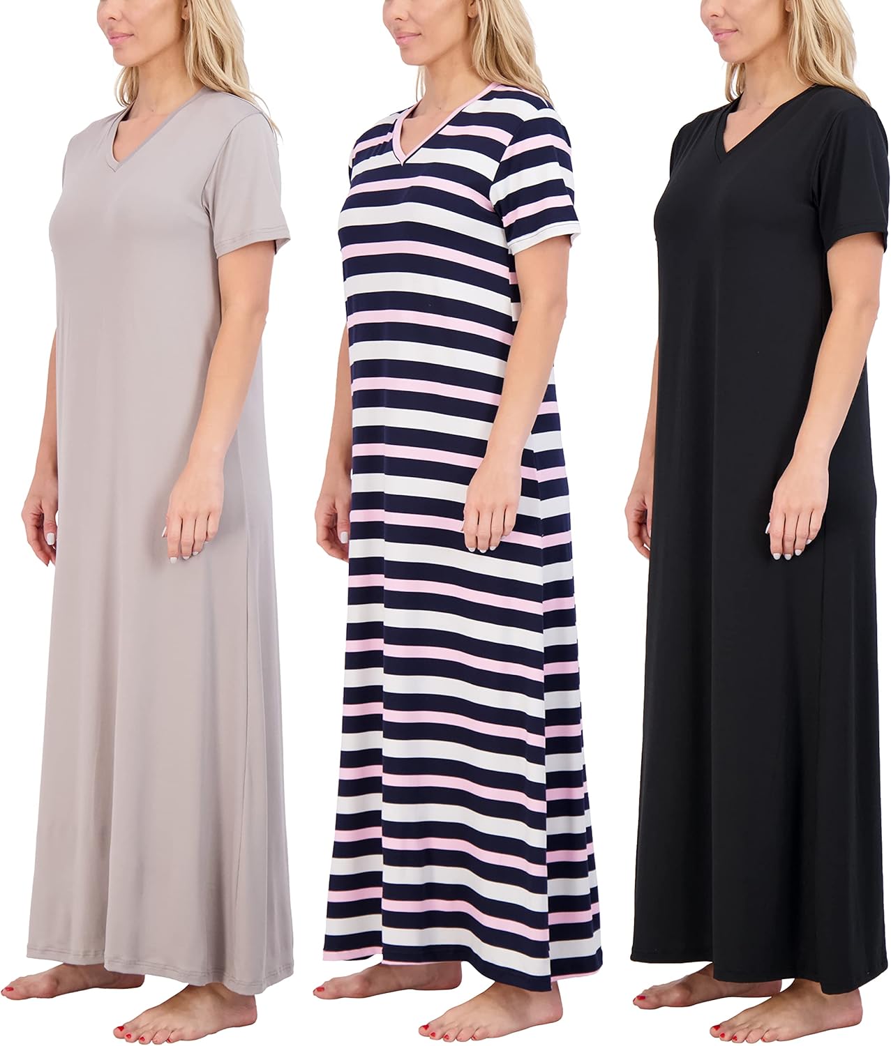 Women's V-Neck Long Nightgowns: Soft Maxi Sleep Dress 3-Pack
