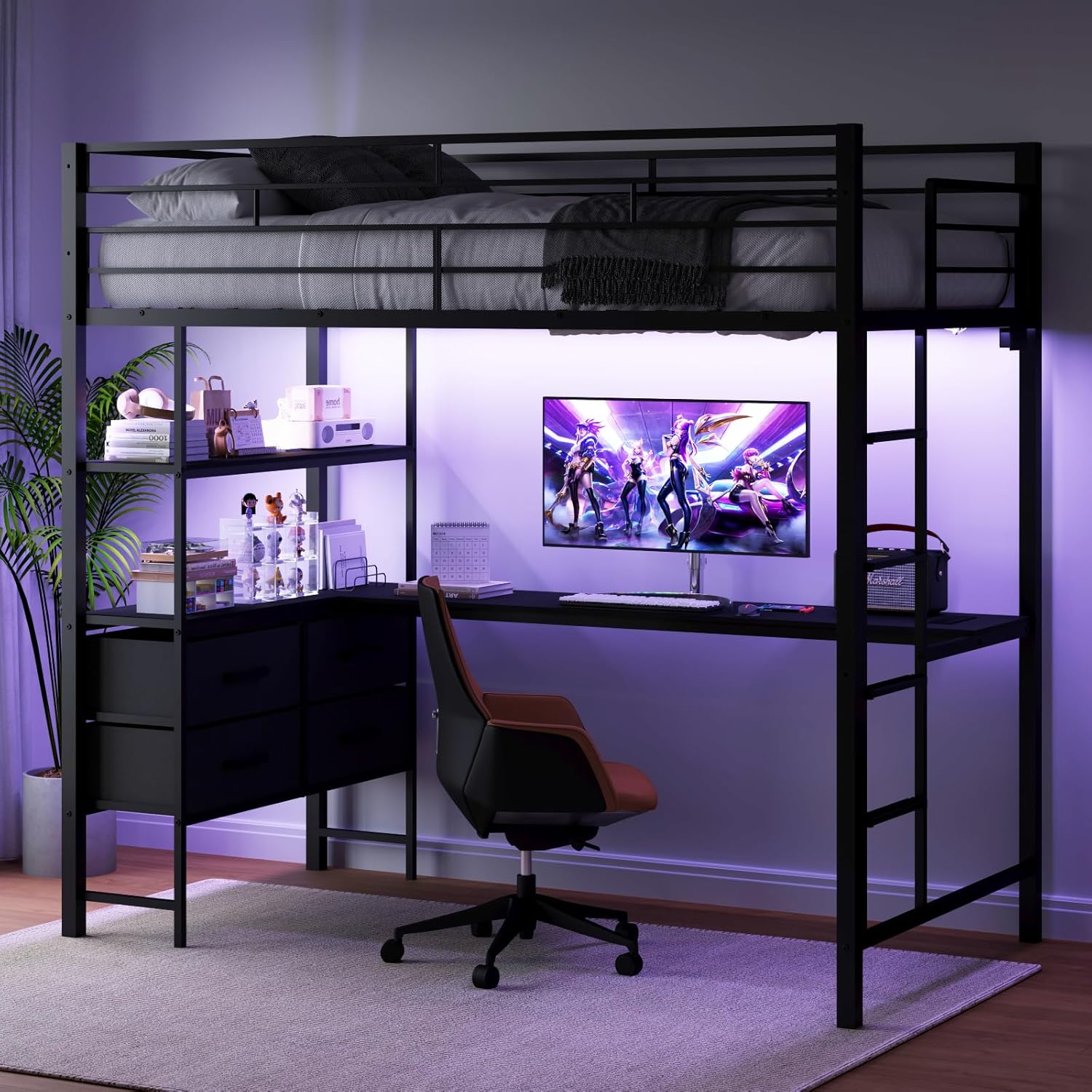 VINGLI Full Metal Loft Bed Frame with L-Shaped Desk and Storage