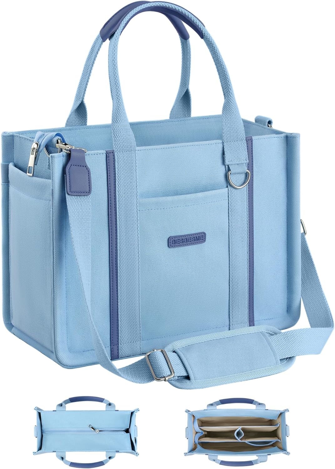 BESBESME Womens Canvas Tote Bag with Zipper and Compartments